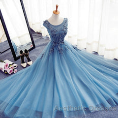 Custom Made Round Neck Sleeveless Lace Evening Prom Dresses, Blue Lace Formal Dresses