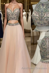 Custom Made Two Pieces High-Neck Beaded Pink Tulle Evening Prom Dresses, Pink Evening Dresses