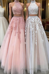 Custom made two pieces tulle long Evening Prom Dresses, lace evening Dresses