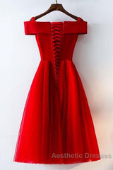 Cute A Line Off Shoulder Short Red Lace Evening Prom Dresses, Short Red Bridesmaid Dresses, Graduation Dresses