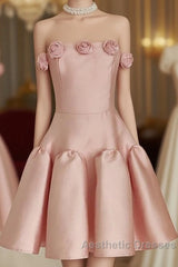 Cute A Line Strapless Pink Satin Travel Vacation Dresses Short Birthday Dresses