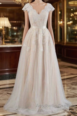 Cute Cap Sleeve V-neck Lace Tulle Wedding Dresses