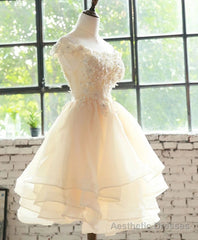 Cute Champagne Organza Layers Knee Length Homecoming Dress with Lace, Short Prom Dress