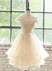 Cute Champagne Organza Layers Knee Length Homecoming Dress with Lace, Short Prom Dress