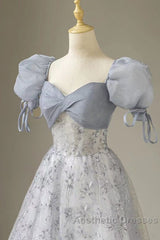 Cute Floral Printed Long Evening Prom Dresses  A Line Puff Sleeves Blue Party Gown