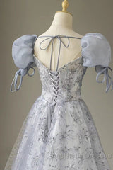 Cute Floral Printed Long Evening Prom Dresses  A Line Puff Sleeves Blue Party Gown