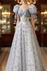 Cute Floral Printed Long Evening Prom Dresses  A Line Puff Sleeves Blue Party Gown