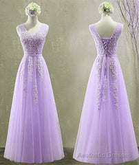 Cute Light Purple Tulle with Lace V-neckline Prom Dress, Long Evening Gown Formal Dress