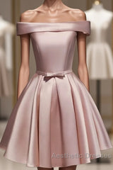 Cute Pink Satin Off Shoulder Knee Length Formal Dresses, Lovely Evening Prom Dresses