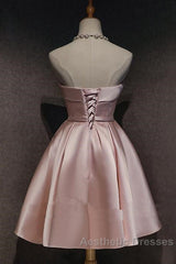 Cute Pink Satin Scoop Knee Length Short Evening Prom Dresses Homecoming Dresses, Pink Formal Dresses