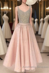 Cute Pink Sequin Tea-Long Evening Prom Dresses, Pink Sequin Formal Dresses For Teens