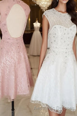 Cute round neck tulle lace short Evening Prom Dresses lace bridesmaid Dresses