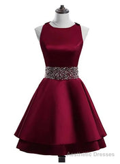 Cute Satin Knee Length Cross Back Beaded Party Dress, Homecoming Dress