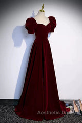 Cute Short Sleeves Burgundy Long Evening Prom Dresses
