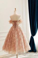 Cute Tulle Flower Short Evening Prom Dresses, Beautiful Off The Shoulder A-Line Evening Party Dresses