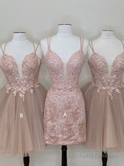 Cute tulle pink lace short prom dress, cute lace homecoming dress