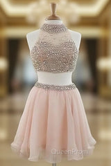 Cute Two Pieces Sequin Short Evening Prom Dresses, Cute Pink Homecoming Dresses