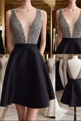Cute V Neck And V Back Sequin Short Black Evening Prom Dresses, Cute Short Black Homecoming Dresses