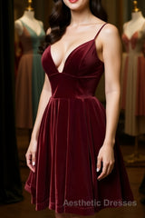 Cute V Neck Backless Burgundy Velvet Short Evening Prom Homecoming Dresses, Backless Maroon Formal Graduation Evening Dresses