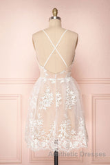 Cute V Neck Backless Pink Lace Appliques Short Evening Prom Dresses, Pink Lace Formal Graduation Homecoming Dresses