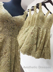Cute V Neck Golden Lace Short Evening Prom Dresses, Golden Lace Homecoming Dresses, Golden Formal Evening Dresses