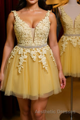 Cute V Neck Yellow Lace Short Evening Prom Dresses with Belt, Yellow Lace Homecoming Dresses, Short Yellow Formal Evening Dresses