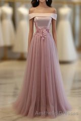 Pink A Line Off Shoulder Floor Length Evening Prom Dresses, Lace Evening Prom Dresses