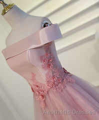 Pink A Line Off Shoulder Floor Length Evening Prom Dresses, Lace Evening Prom Dresses