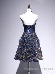 Dark Blue A-Line Sequin Lace Short Evening Prom Dresses, Cute Blue Homecoming Dresses