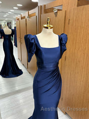 Dark Blue Blue Long Mermaid Evening Prom Dresses With Slit, Dark Blue Party Dresses
