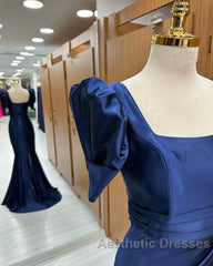 Dark Blue Blue Long Mermaid Evening Prom Dresses With Slit, Dark Blue Party Dresses