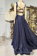 Dark blue sequin long Evening Prom Dresses , blue evening Dresses