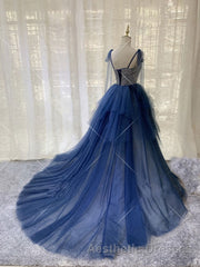 Dark blue tulle lace long Evening Prom Dresses, blue tulle formal Dresses