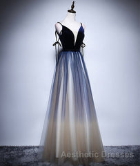 Dark blue tulle long Evening Prom Dresses, blue evening Dresses
