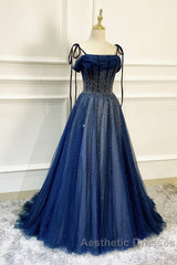 Dark Blue Tulle Sequin Long Evening Prom Dresses A Line Birthday Party Dresses