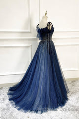 Dark Blue Tulle Sequin Long Evening Prom Dresses A Line Birthday Party Dresses