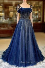 Dark Blue Tulle Sequin Long Evening Prom Dresses A Line Birthday Party Dresses