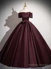 Dark Burgundy Satin Off the Shoulder Pleats Prom Dress