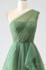 Dark Green A-Line One-Shoulder Sequins Tulle Long Evening Prom Dresses