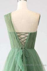 Dark Green A-Line One-Shoulder Sequins Tulle Long Evening Prom Dresses