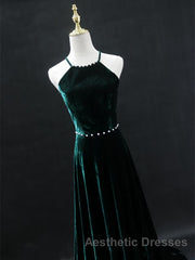 Dark Green Backless Long Evening Prom Dresses, Dark Green Long Formal Evening Bridesmaid Dresses