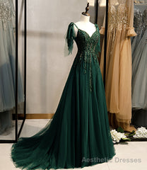 Dark Green Beaded Tulle Straps A-line Formal Dresses, Green Evening Dress Prom Dresses
