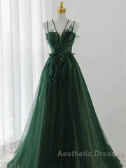 Dark Green Long Beaded A-Line Evening Dresses Party Dresses Evening Prom Dresses Formal Dresses December Wedding Guest Dresses