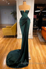 Dark Green Mermaid Spaghetti-Straps Satin Long Evening Prom Dresses With Beadings