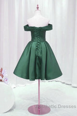 Dark Green Satin Off Shoulder Knee Length Party Dresses, Green Homecoming Dresses Evening Prom Dresses