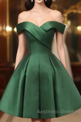 Dark Green Satin Off Shoulder Knee Length Party Dresses, Green Homecoming Dresses Evening Prom Dresses