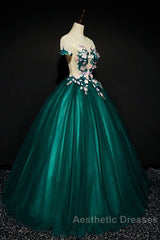 Dark Green Tulle Round Neckline Ball Gown Formal Dresses, Quinceanera Dresses