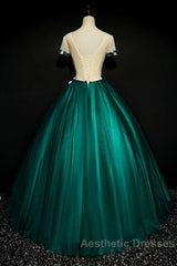 Dark Green Tulle Round Neckline Ball Gown Formal Dresses, Quinceanera Dresses