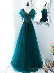 Dark Green Tulle V-neck Beading Prom Dress