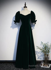 Dark Green Velvet Square Puff Sleeve Prom Dress